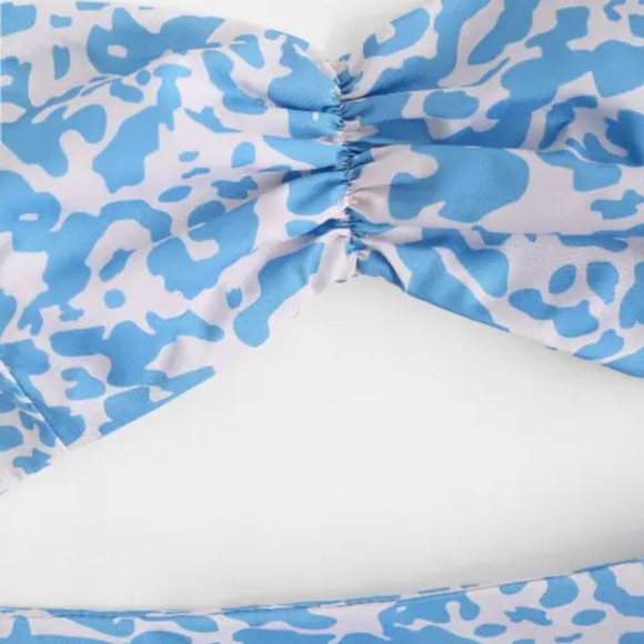 NWT Ruffles Abstract Print Cut Out Ruched Halter Dress - Light Blue (L) - Picture 6 of 8